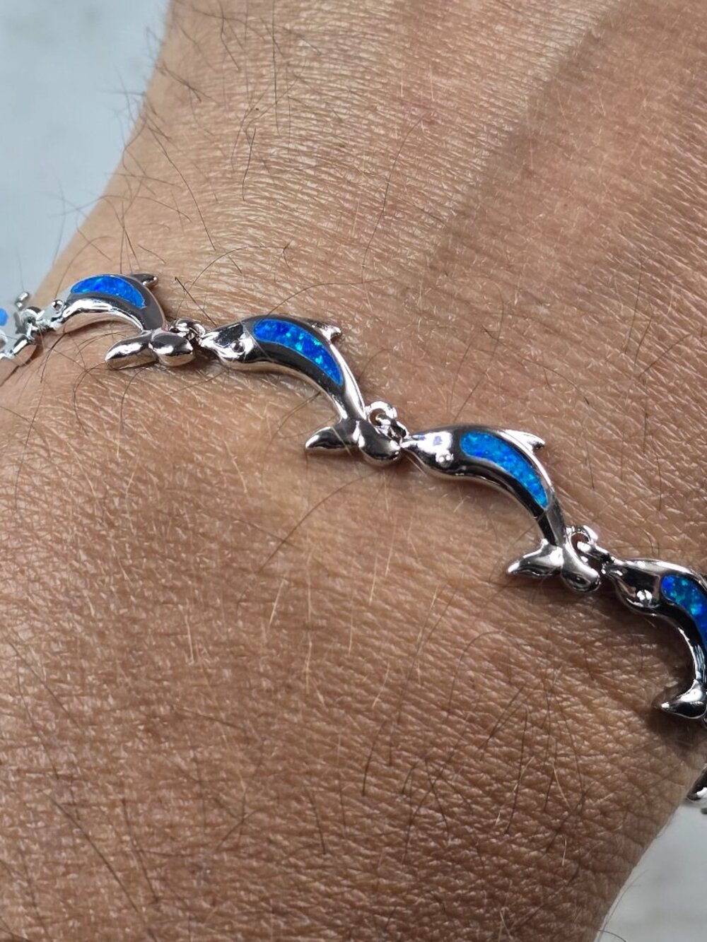 Womens Sterling Silver Blue Opal Dolphin Ocean Bracelet 10.9g E4189